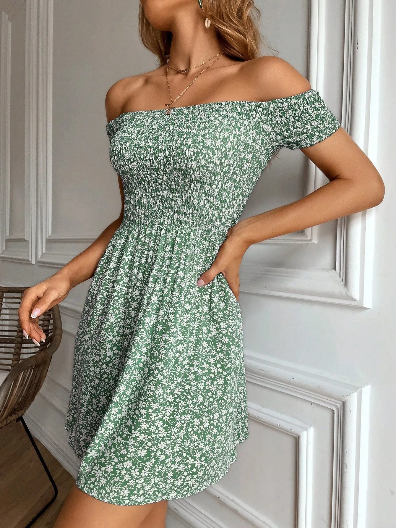 Boho Floral Off Shoulder Dress - Shirred, A-Line, High Waist, Short Sleeve