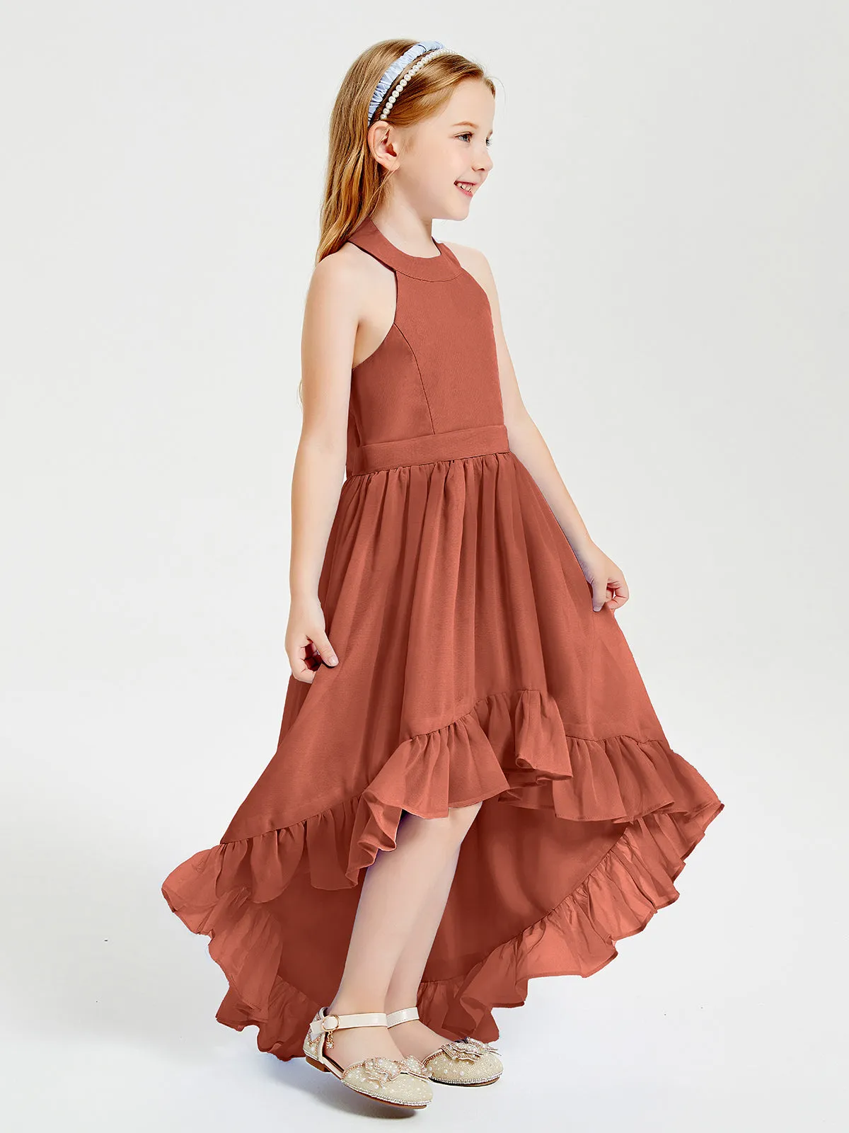 Boho Junior Bridesmaid Dresses Asymmetrical Cascading Skirt Rust