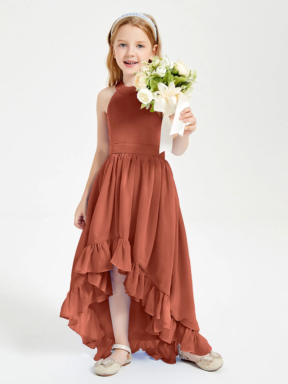 Boho Junior Bridesmaid Dresses Asymmetrical Cascading Skirt Rust