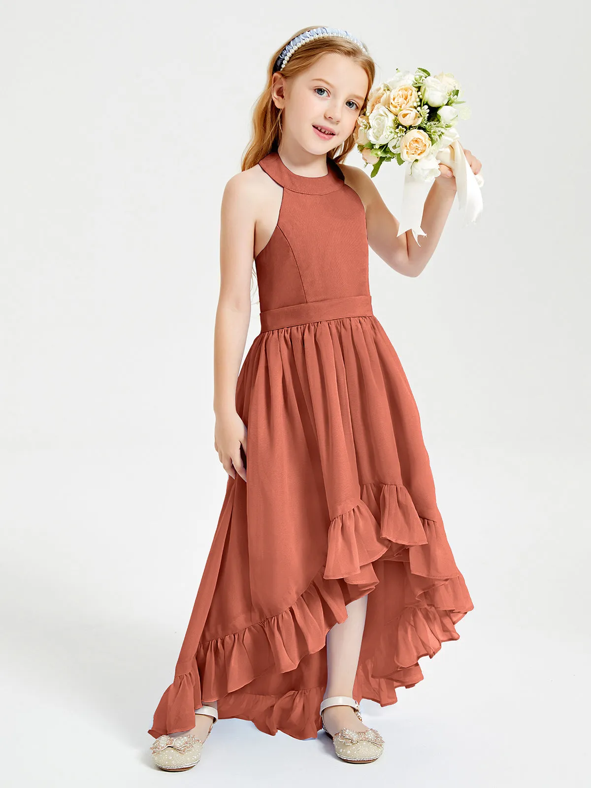 Boho Junior Bridesmaid Dresses Asymmetrical Cascading Skirt Rust