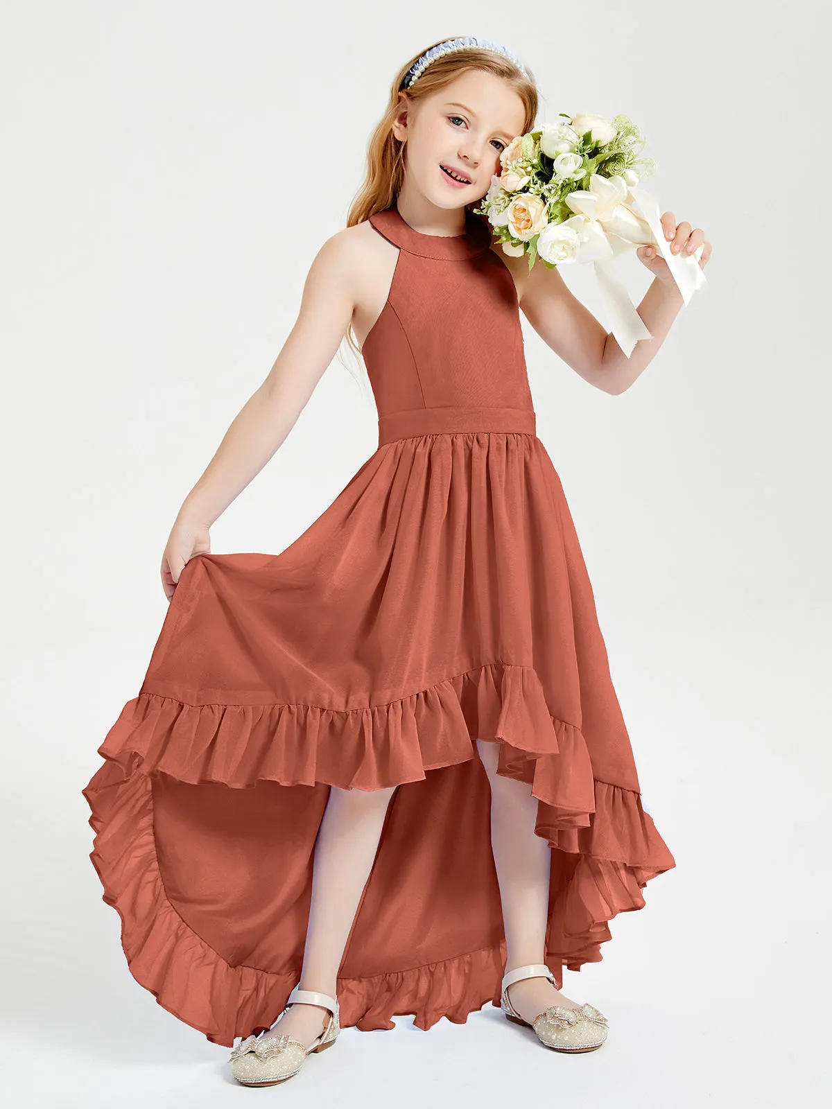 Boho Junior Bridesmaid Dresses Asymmetrical Cascading Skirt Rust