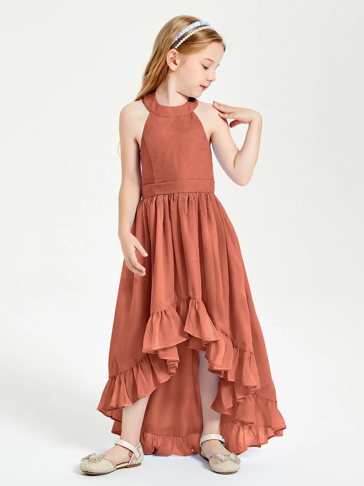 Boho Junior Bridesmaid Dresses Asymmetrical Cascading Skirt Rust