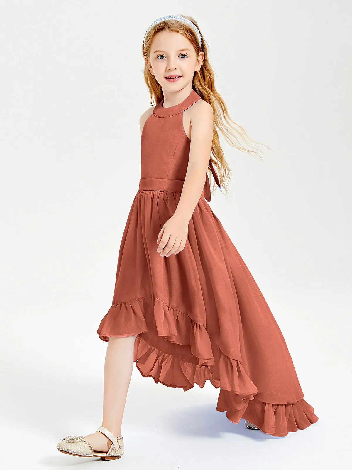 Boho Junior Bridesmaid Dresses Asymmetrical Cascading Skirt Rust