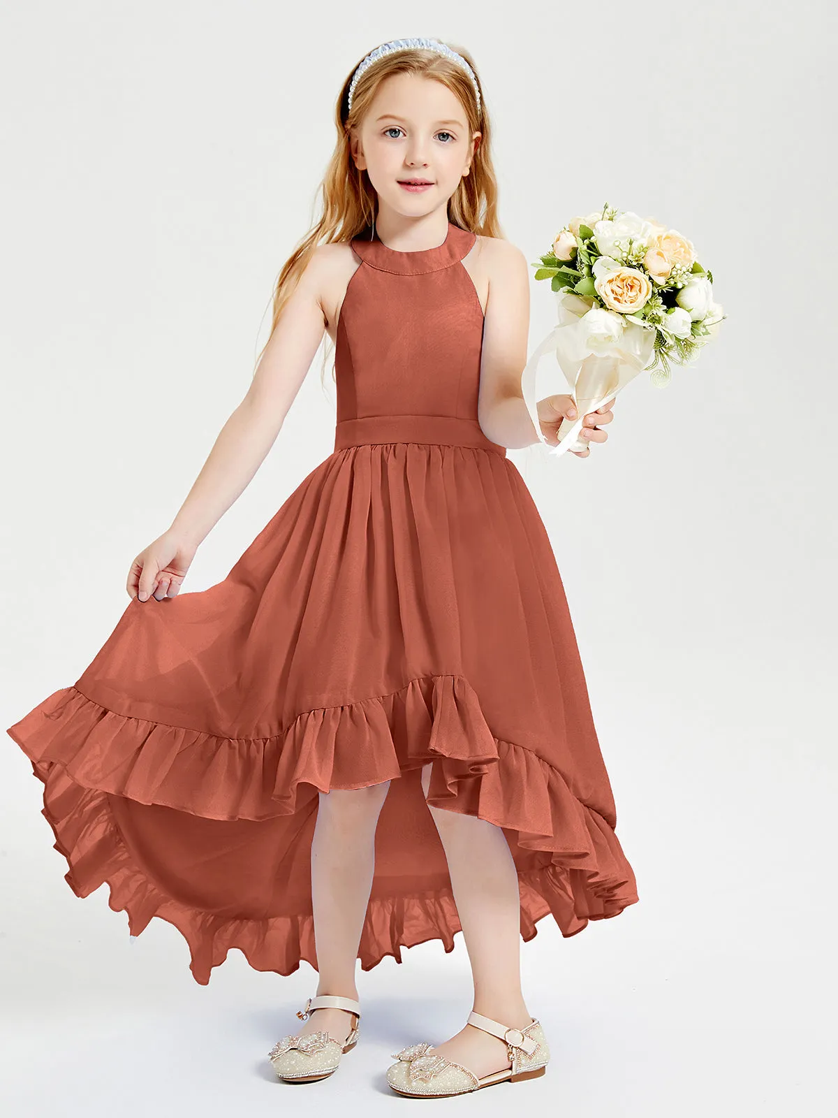 Boho Junior Bridesmaid Dresses Asymmetrical Cascading Skirt Rust