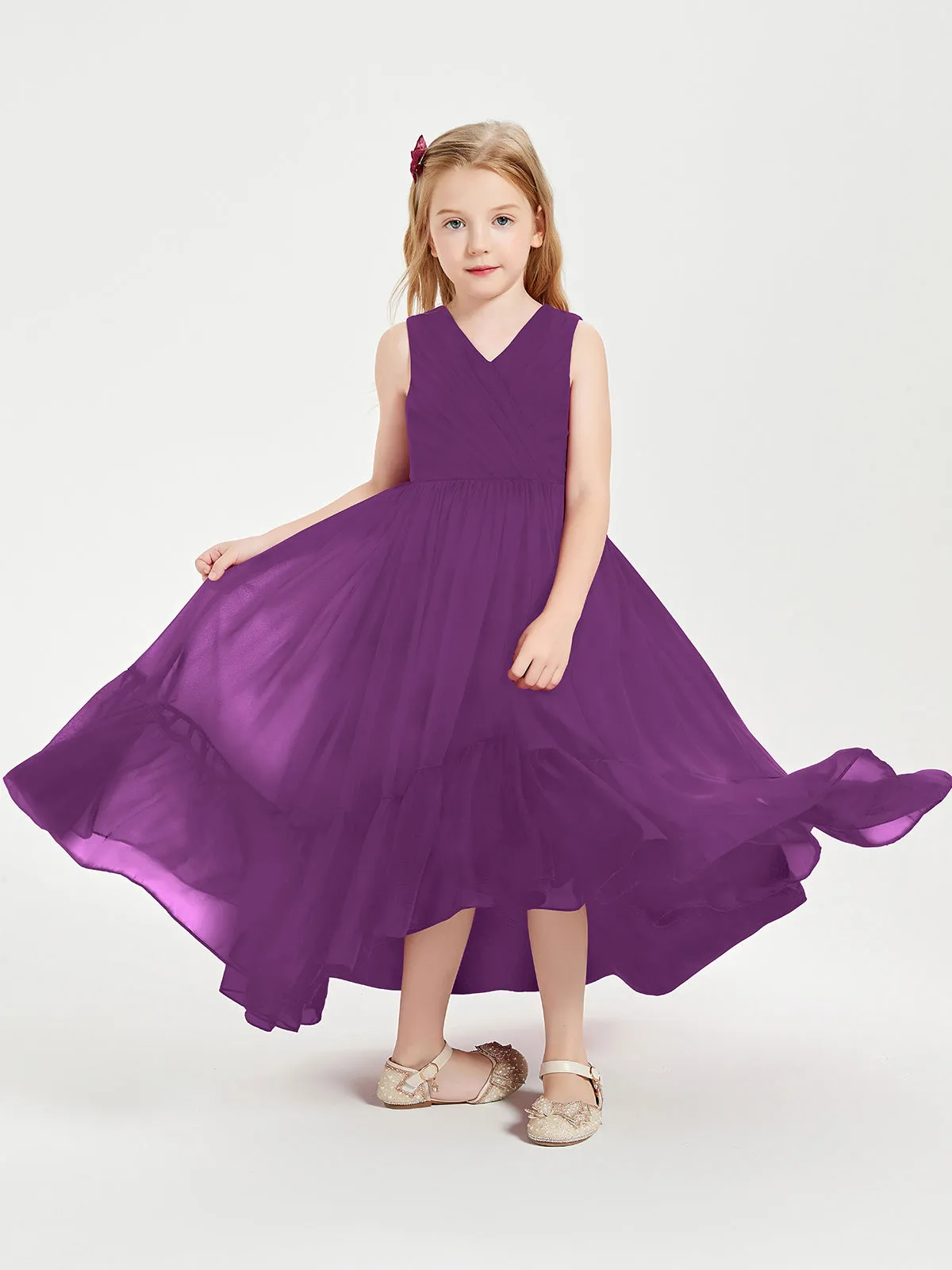 Boho Junior Bridesmaid Dresses Cascading Skirt Grape