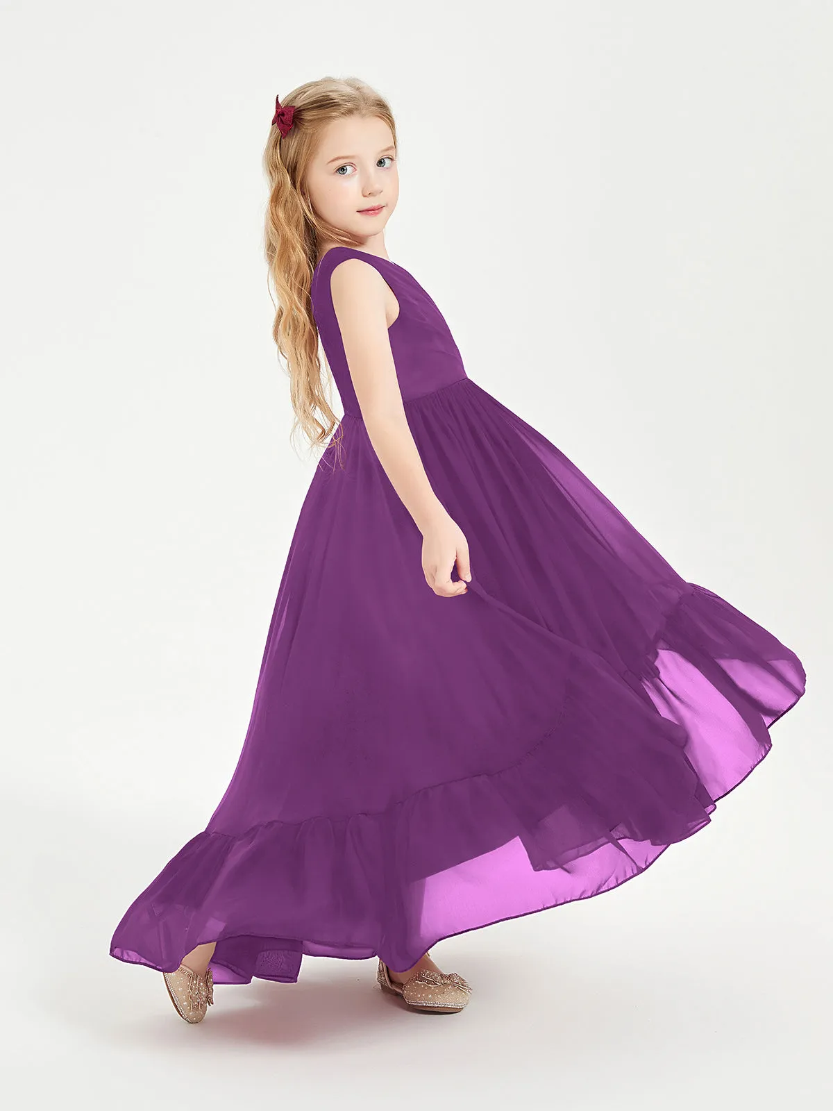 Boho Junior Bridesmaid Dresses Cascading Skirt Grape