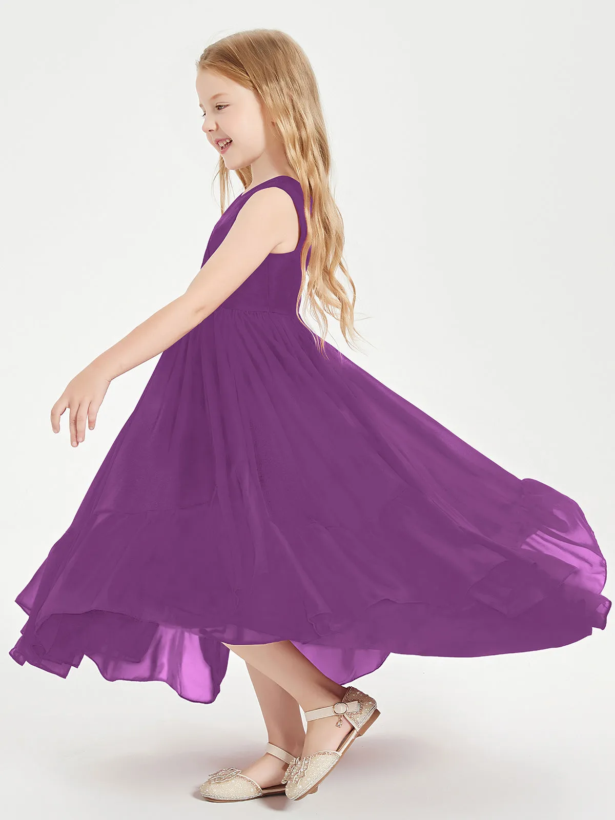 Boho Junior Bridesmaid Dresses Cascading Skirt Grape