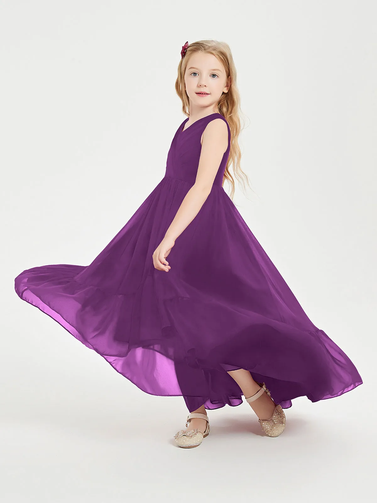 Boho Junior Bridesmaid Dresses Cascading Skirt Grape