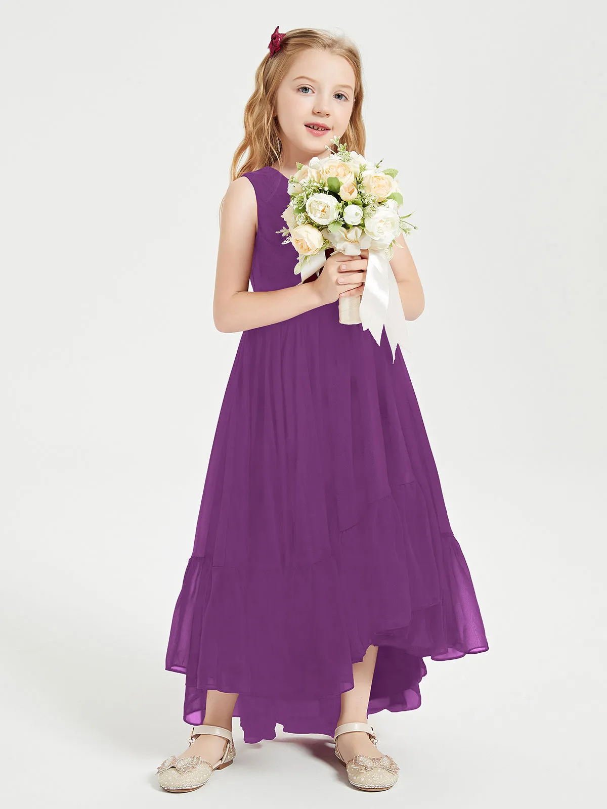 Boho Junior Bridesmaid Dresses Cascading Skirt Grape