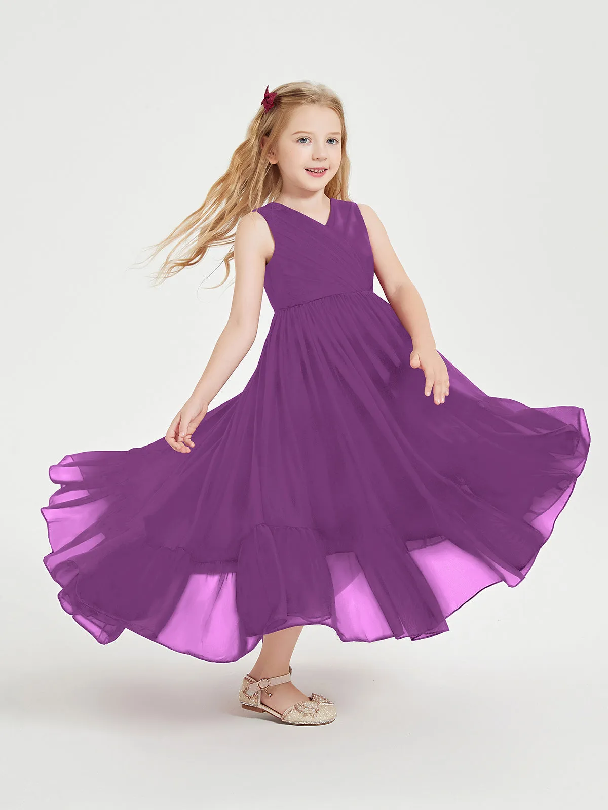 Boho Junior Bridesmaid Dresses Cascading Skirt Grape