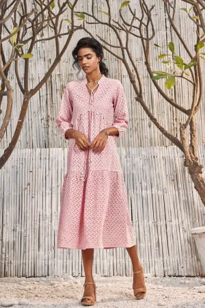 Breezy Cotton Cutwork Dress In Blush Pink