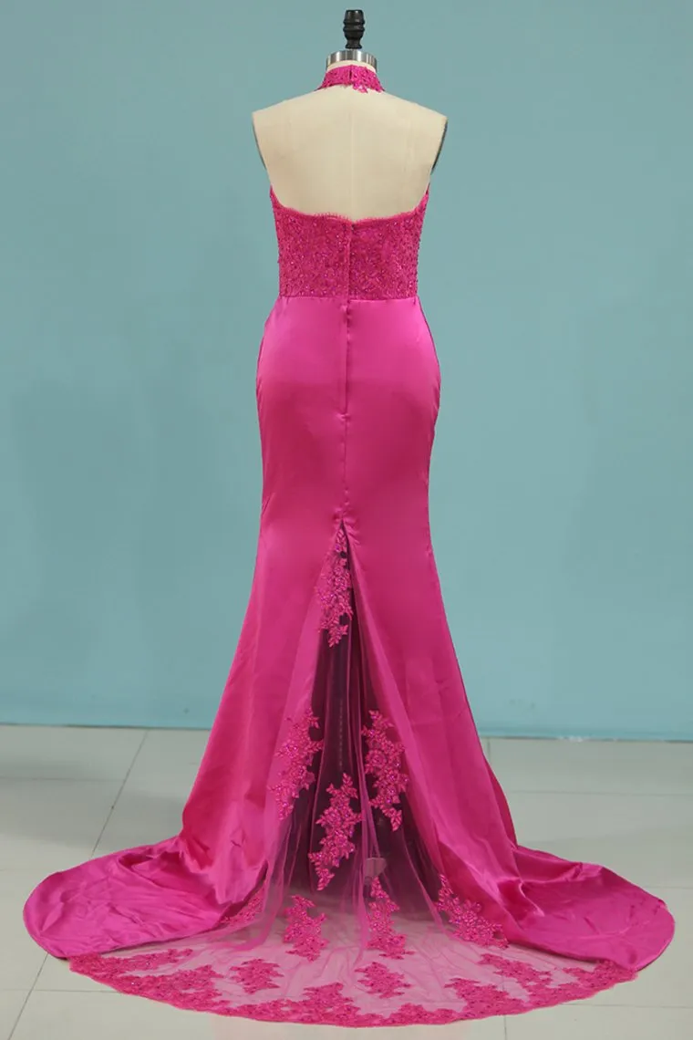 Bridesmaid Dresses Halter Mermaid Satin With Applique Sweep Train