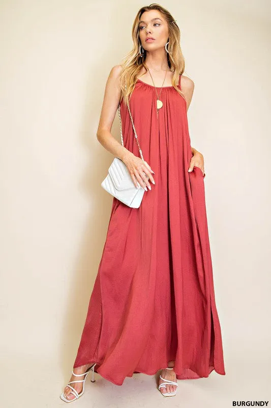 Burgundy Summer Satin Cool Maxi Sundress