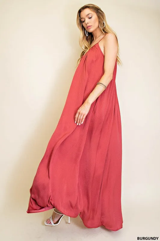 Burgundy Summer Satin Cool Maxi Sundress