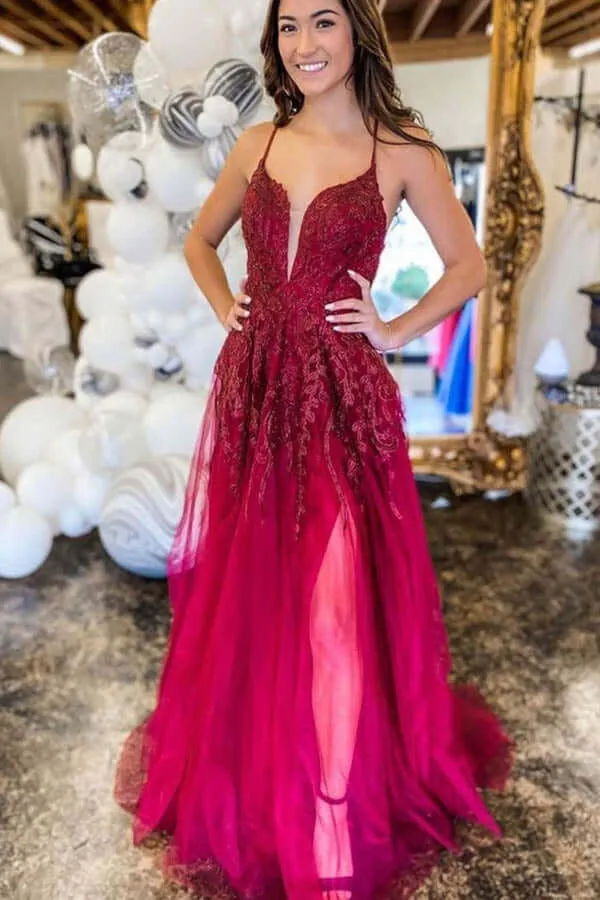 Burgundy Tulle A-line Lace Up Back Thigh Slit Prom Dresses, Evening Gown, SP763