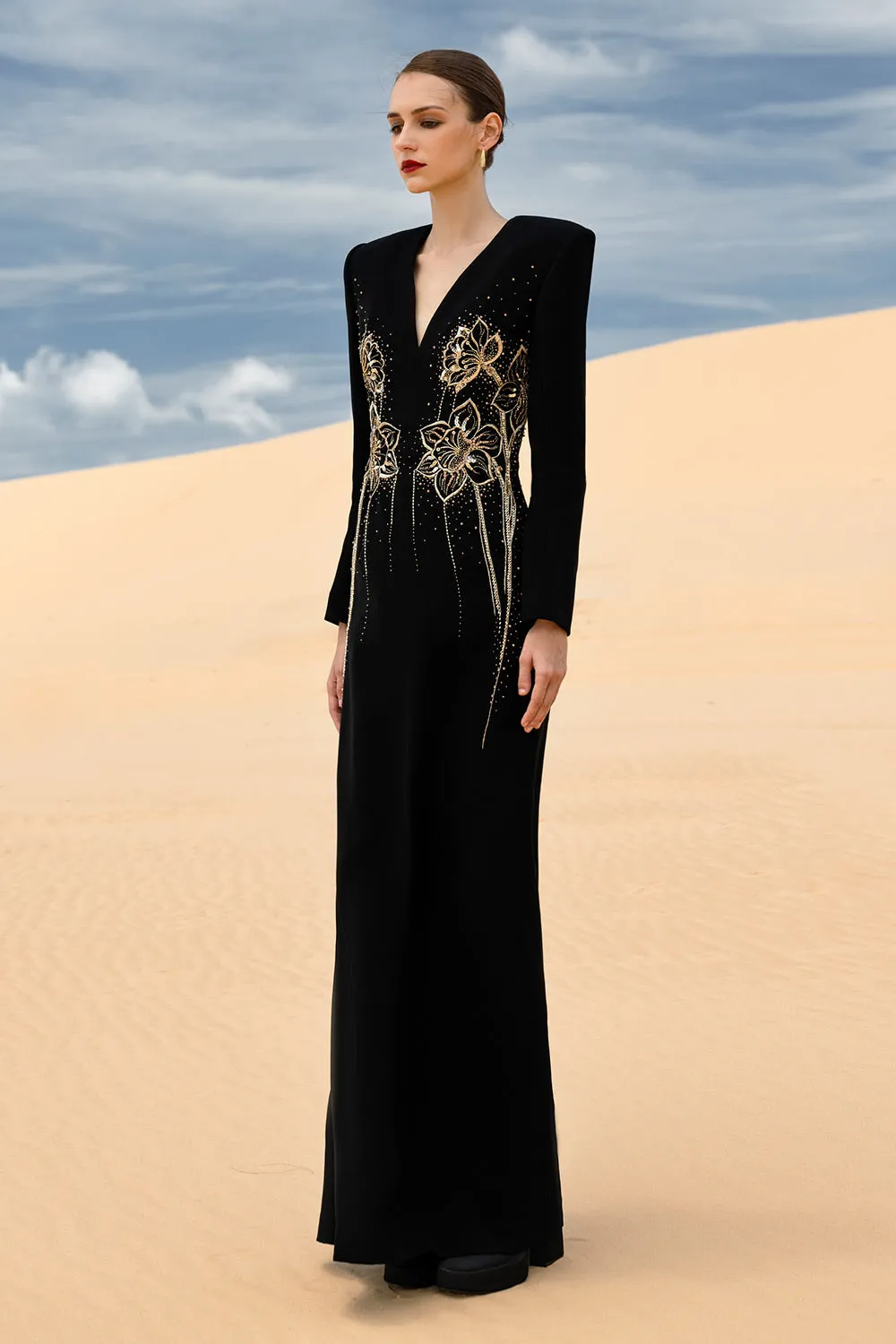 Carmela Sheath V-Neck Velvet Satin Maxi Dress