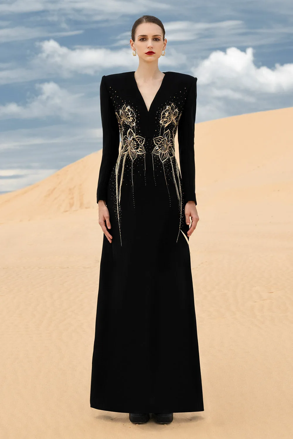 Carmela Sheath V-Neck Velvet Satin Maxi Dress