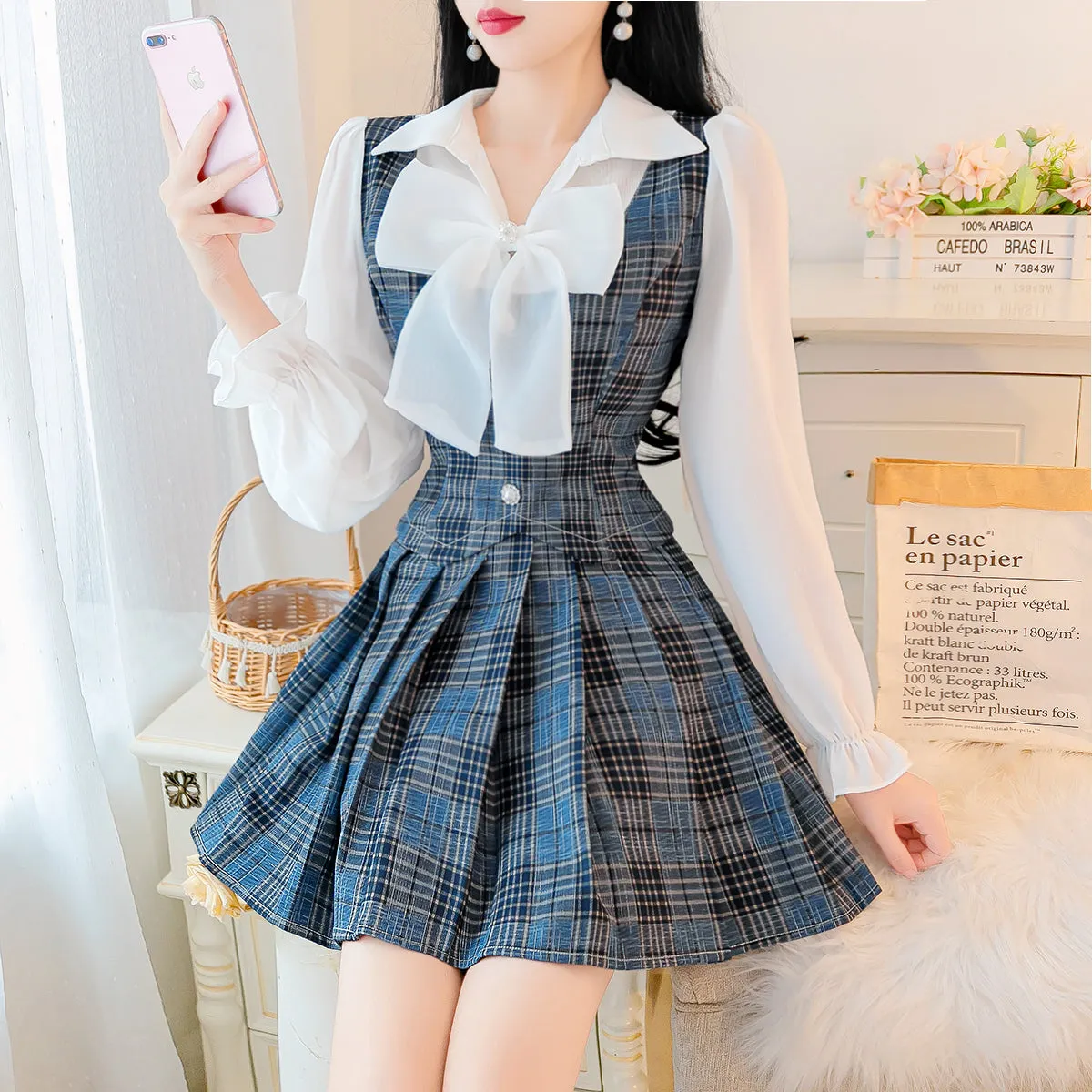 Chic Check Pleated Skirt Two Piece  KF81120