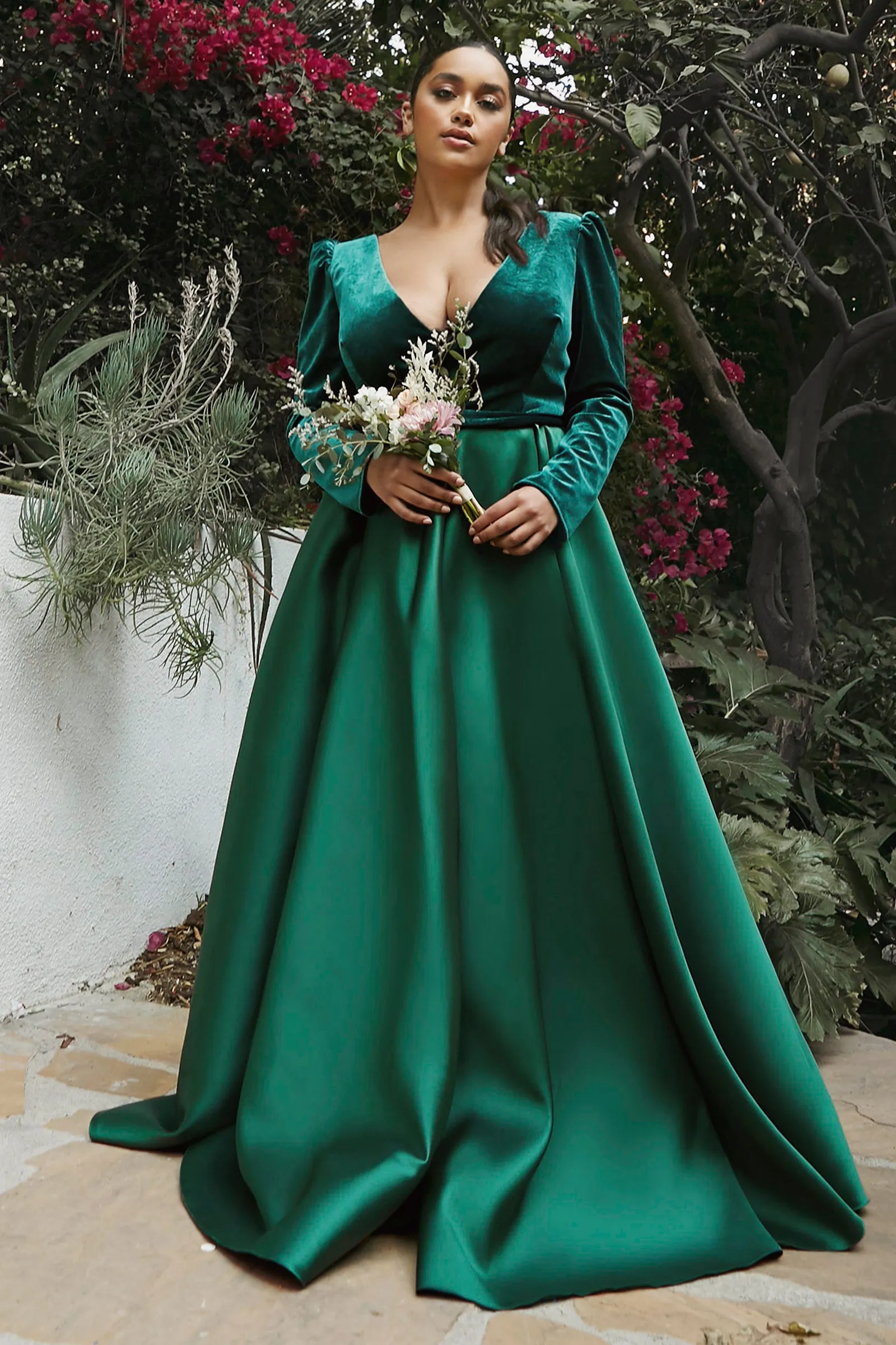 CINDERELLA DIVINE CD226C Plus Size Long Sleeve V-Neck Gown