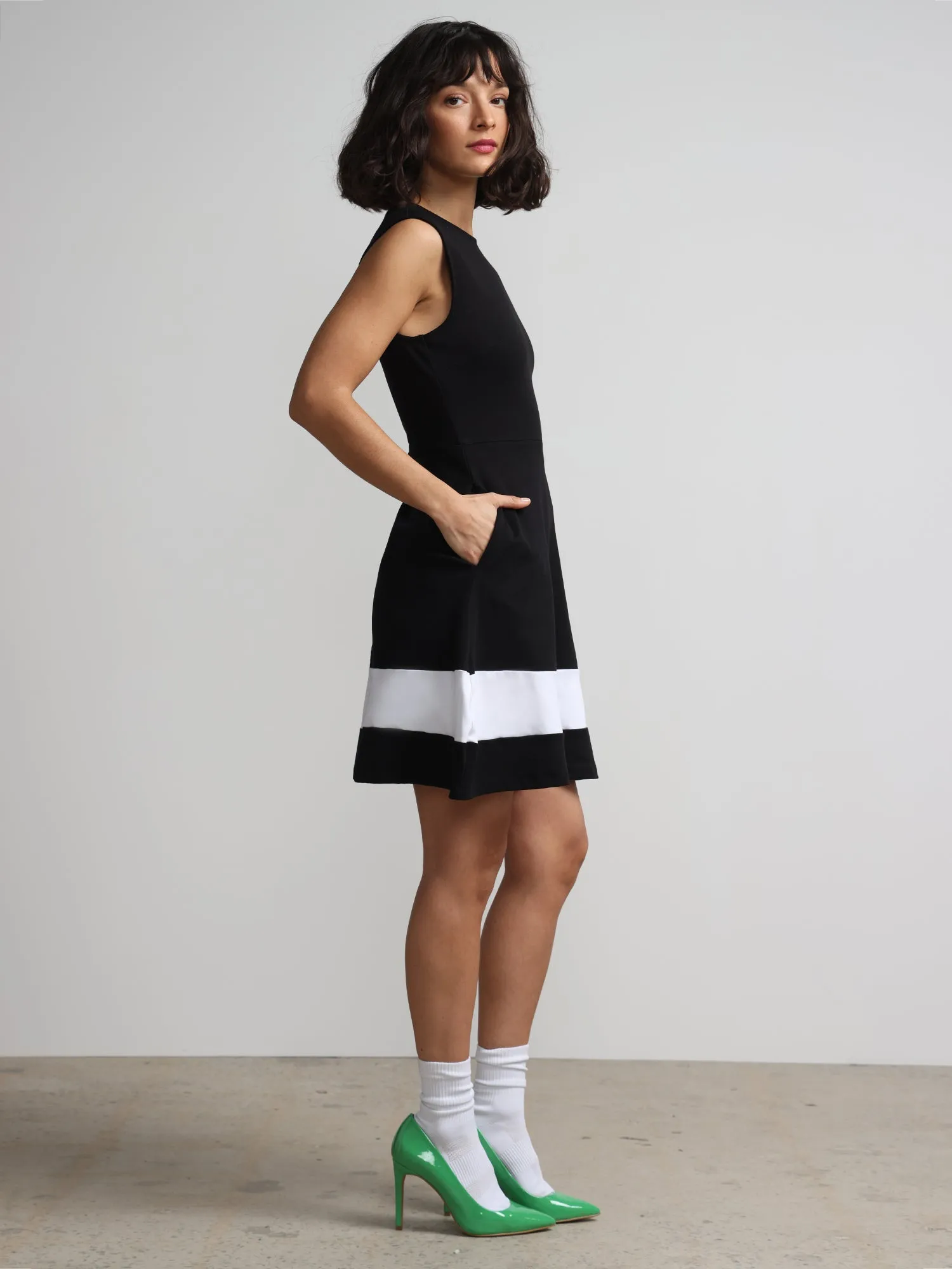 Contrast Stripe Shoulder-Button Flare Dress - City Knits