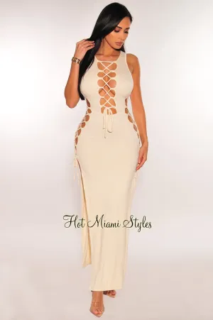 Cream Sleeveless Lace Up Sides Double Slit Maxi Dress