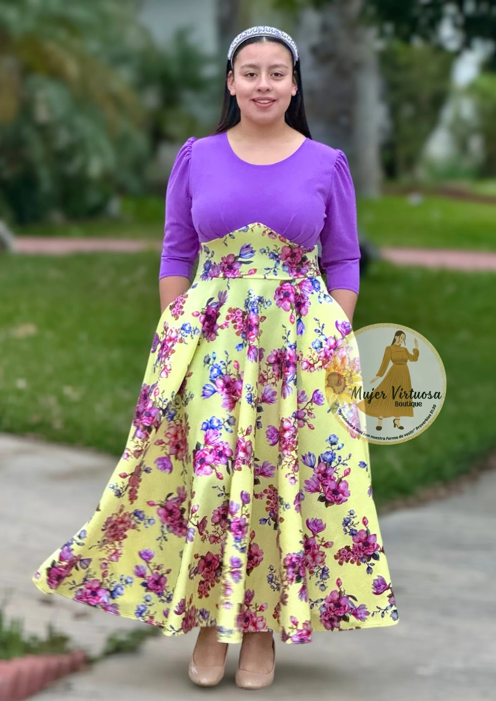 Cristel Purple & Yellow Foil Pleated Dress