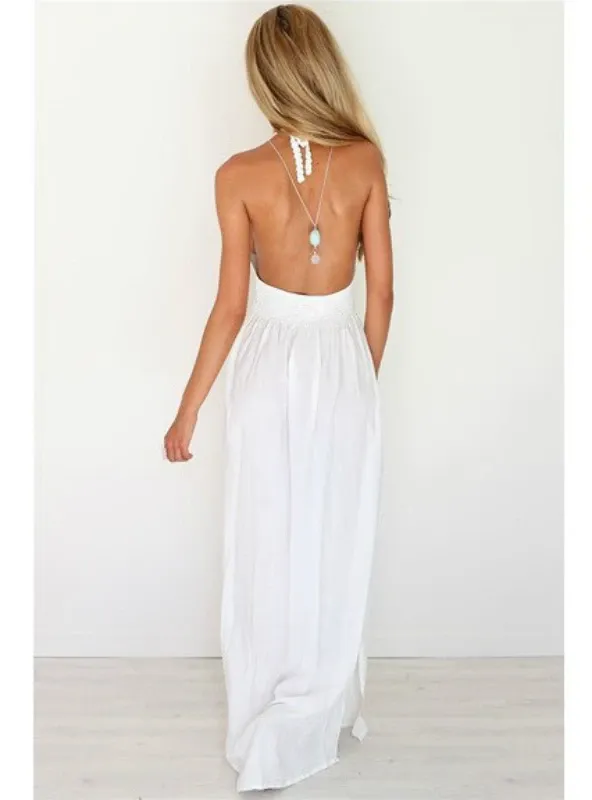 CROCHET BACKLESS BOHEMIAN HALTER MAXI LONG DRESS