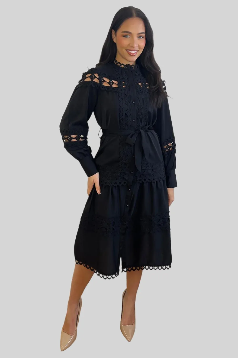 Crochet Lace Waist Tie Midi Dress