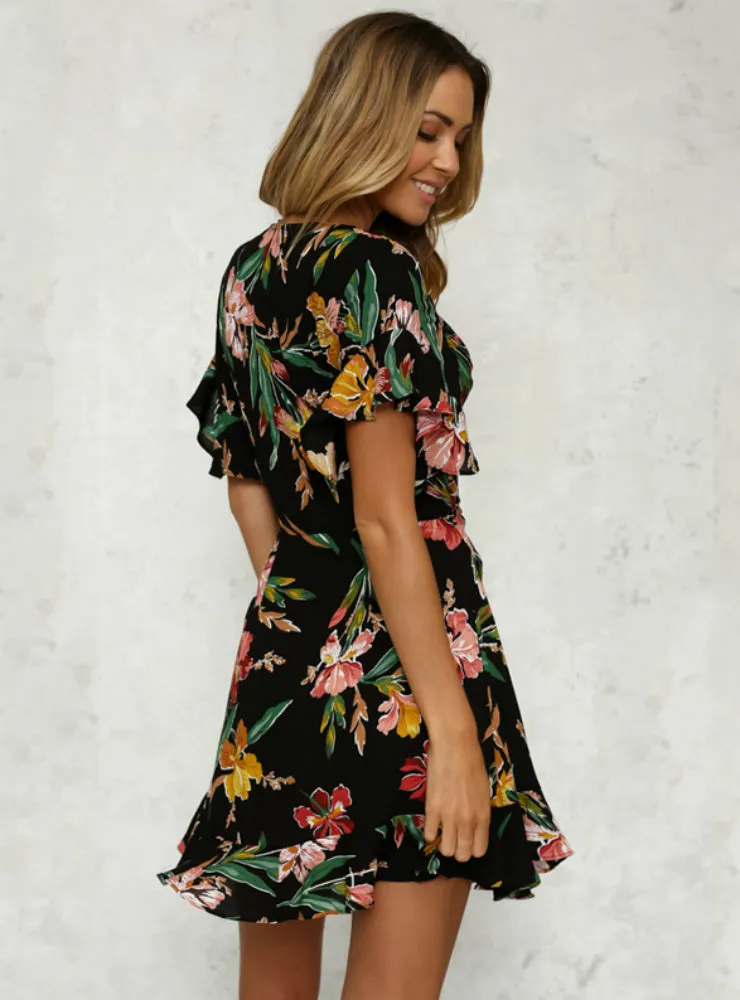 Deep V-Neck Black Flower Print Dresses Hem Folds Bohemian