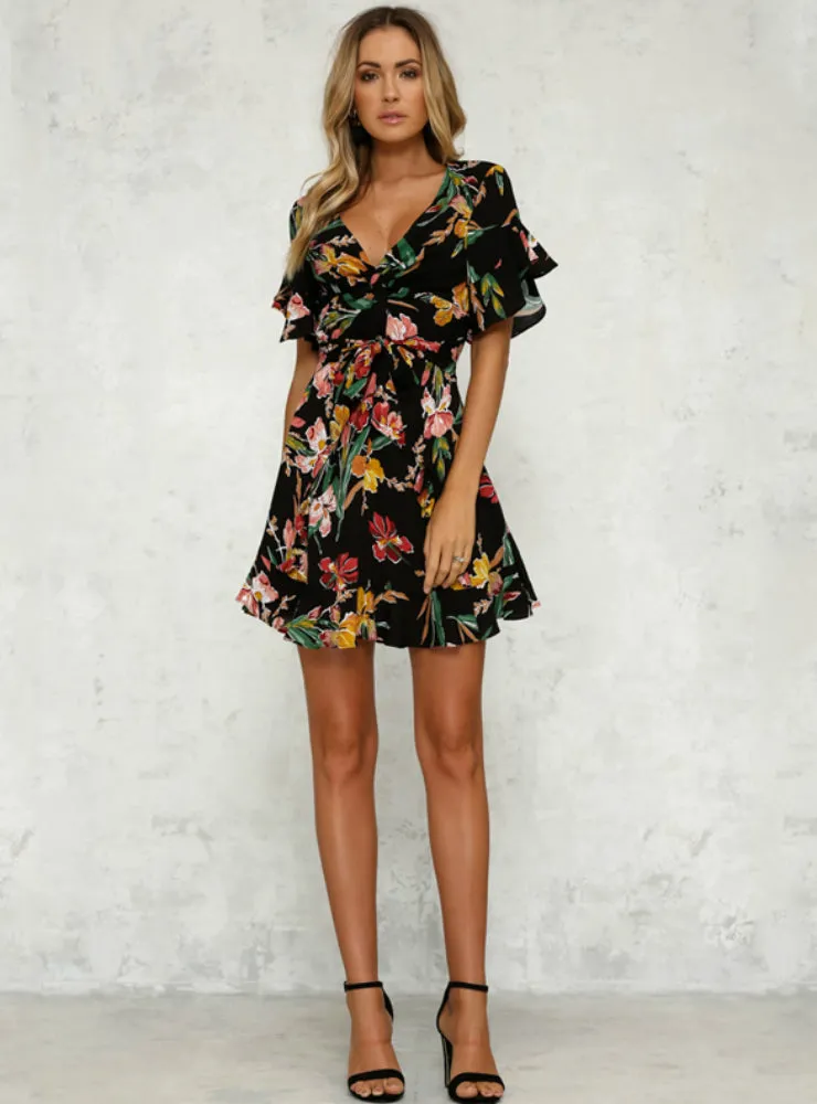 Deep V-Neck Black Flower Print Dresses Hem Folds Bohemian