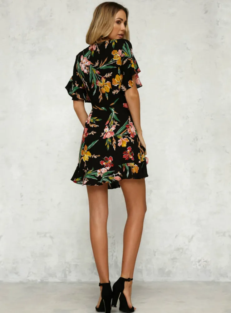 Deep V-Neck Black Flower Print Dresses Hem Folds Bohemian