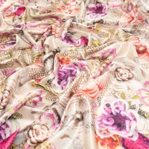 Digital Printed Satin Design-27 Pink Knit Floral on Beige