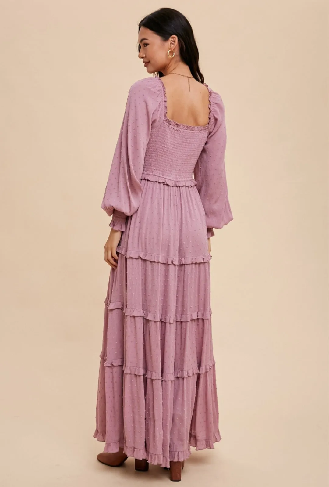 Dusty Mauve Swiss Dot Maxi Dress