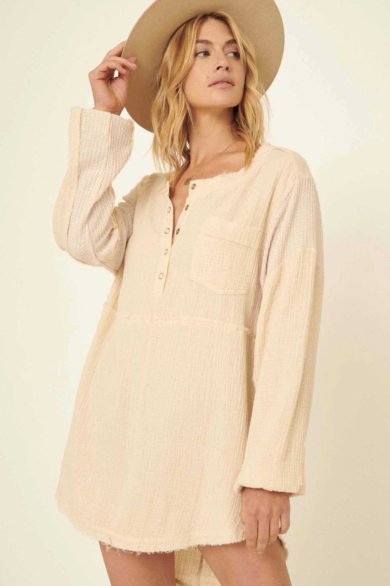 Early Bird Crinkle Cotton Henley Tunic Mini Dress