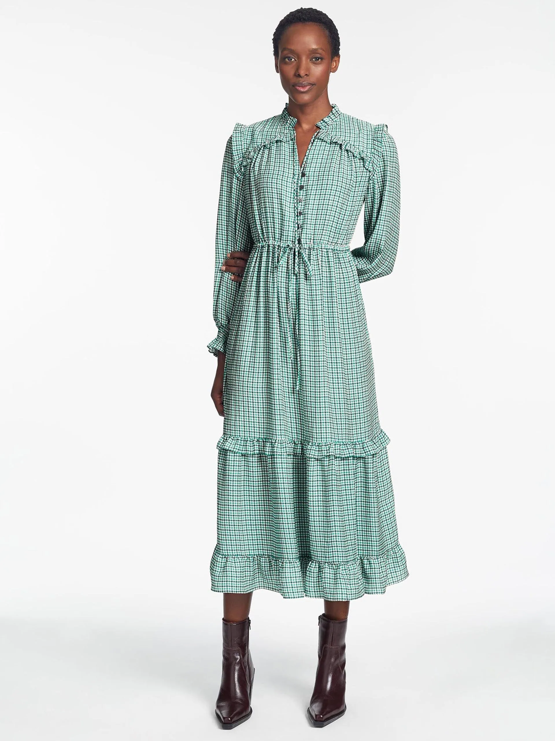 Ecru green houndstooth print Loretta maxi dress