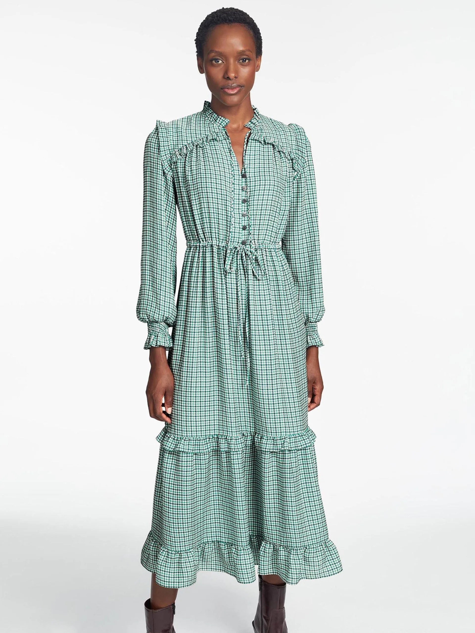 Ecru green houndstooth print Loretta maxi dress