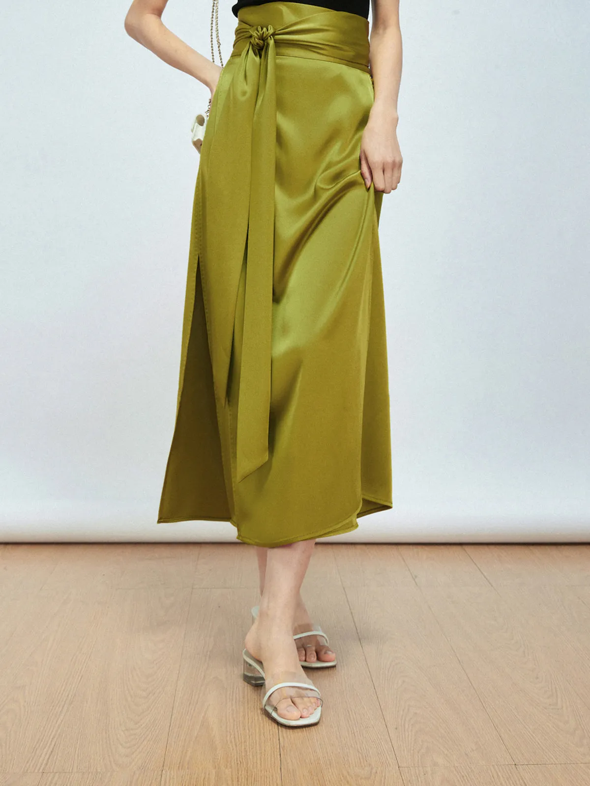 Effortless Tie Front Satin Modern Flowy Slit Midi Skirt