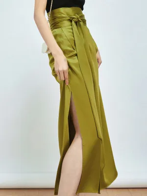 Effortless Tie Front Satin Modern Flowy Slit Midi Skirt