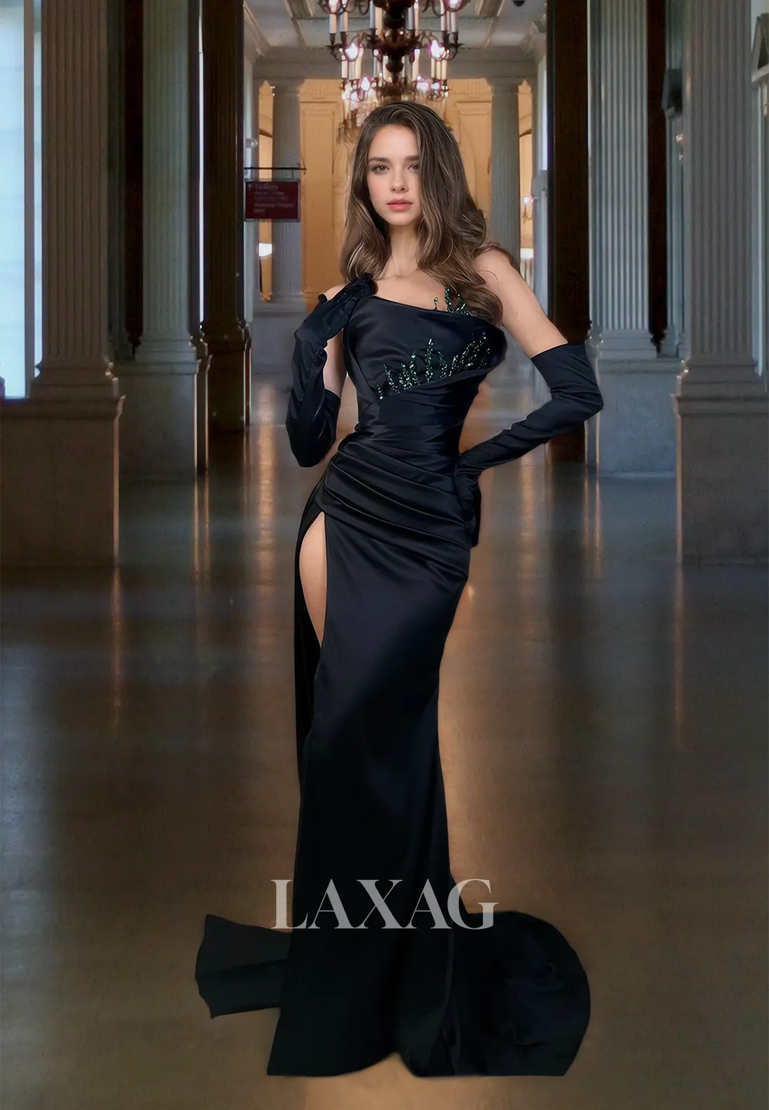 Elegant Black Party Dress with Slit Sheath&Column Satin Sleeveless Square Strapless Prom Dress