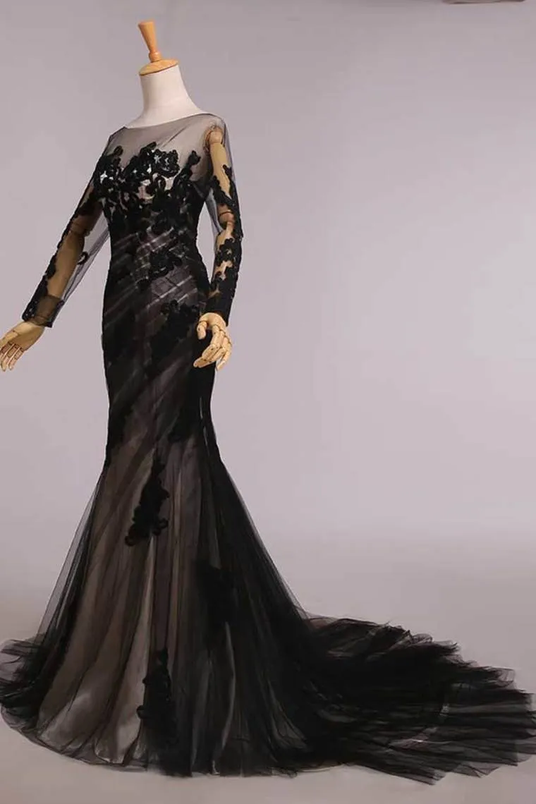 Elegant Evening Dresses Mermaid Black Scoop Tulle With Applique Chic Mother Of Bridal Dresses