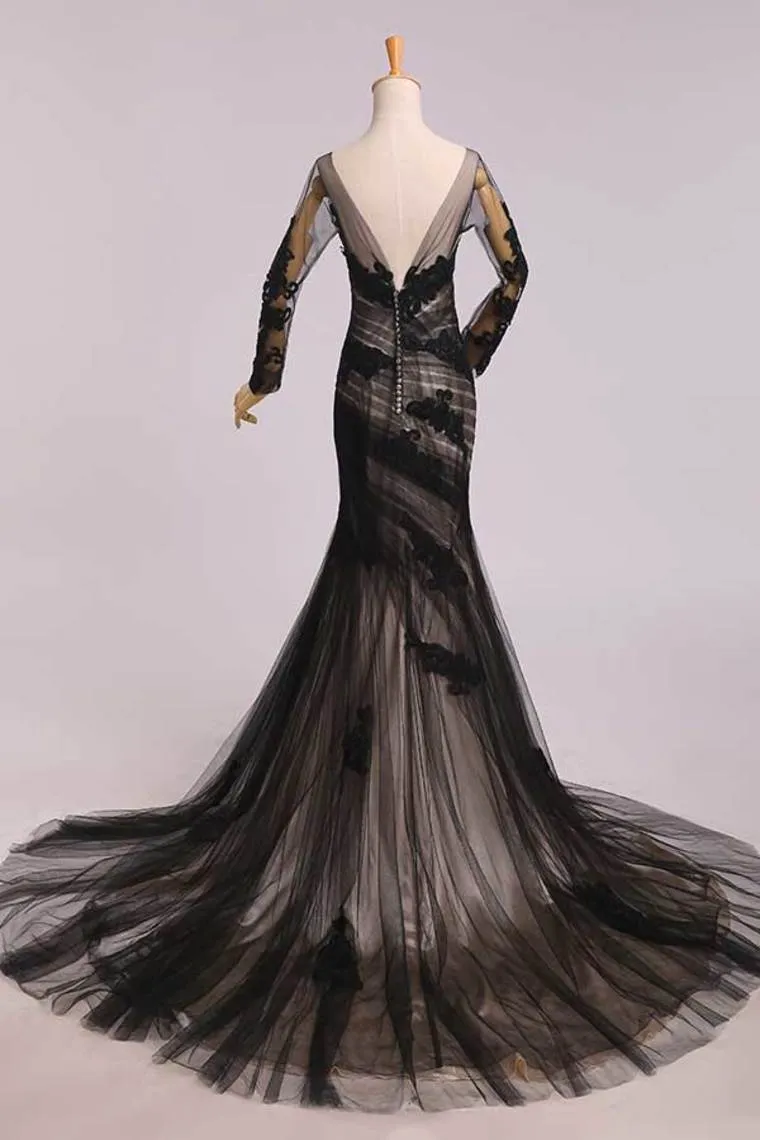 Elegant Evening Dresses Mermaid Black Scoop Tulle With Applique Chic Mother Of Bridal Dresses