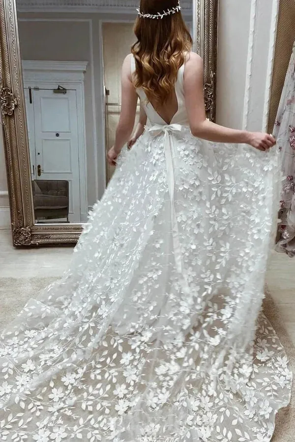 Elegant Tulle A-line V-neck Floral Lace Wedding Dresses, Wedding Gown, SW658