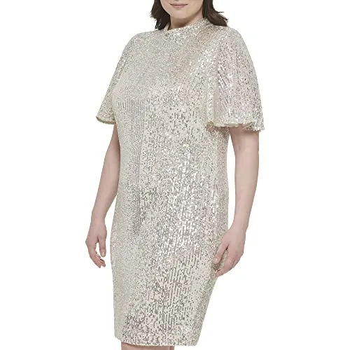 Eliza J Women's Plus Style Sequin Sheath Flutter Sleeve Mock Neck Dress, Silver