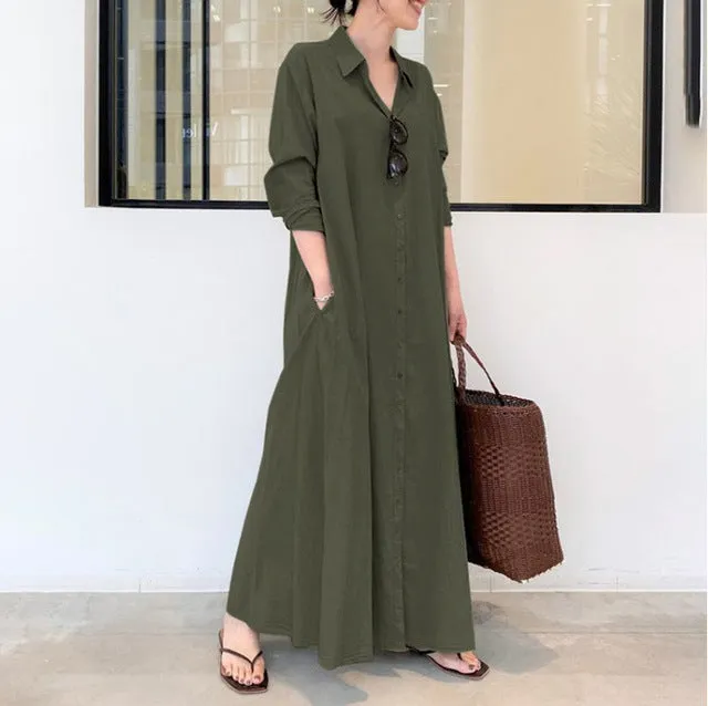 Fashion Women Dress Summer Casual Dresses Linen Vintage Maxi Casual Ladies Shirt Dresses B-15696