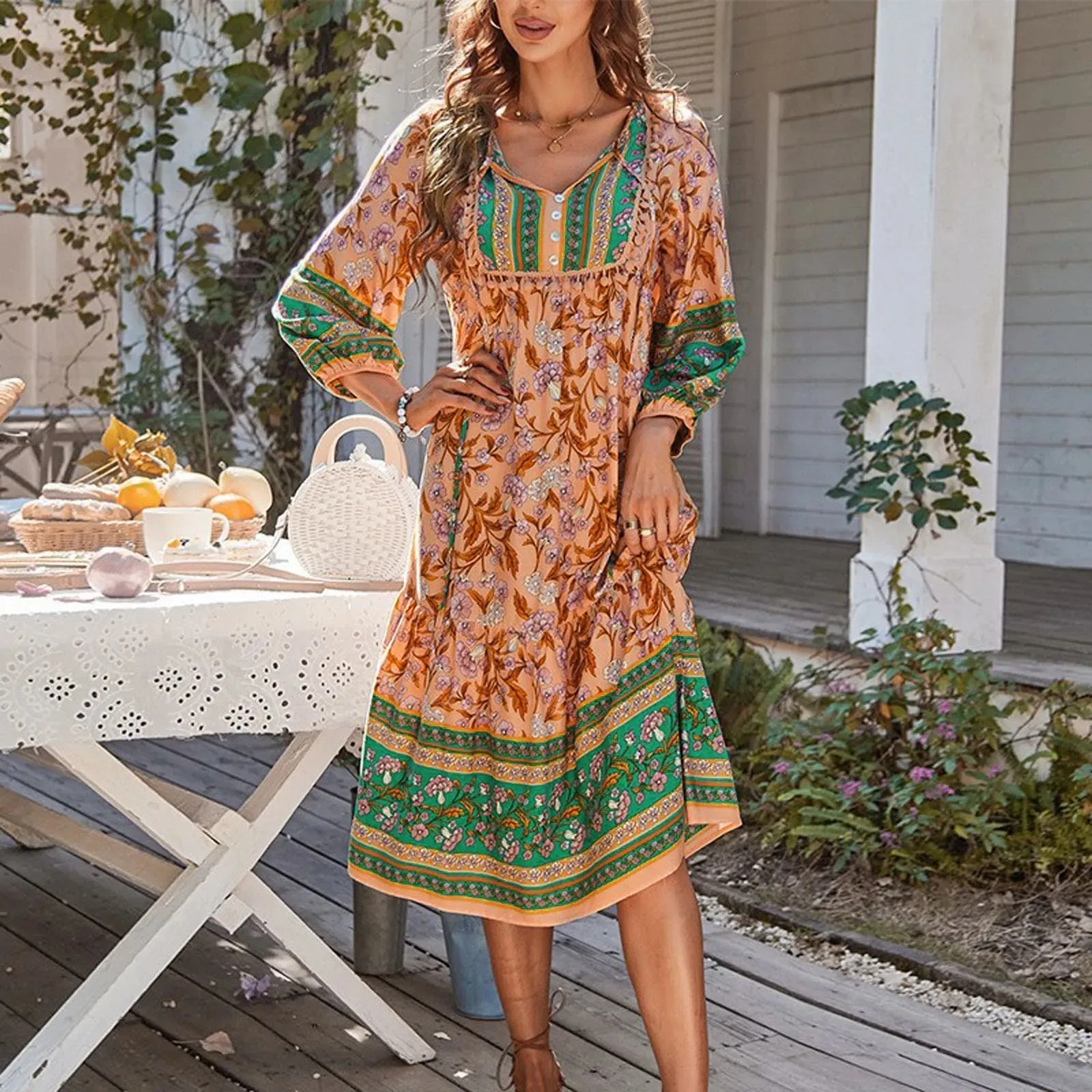 Floral Holiday Vintage 3/4 Sleeve V Neck Casual Bohemian Dress