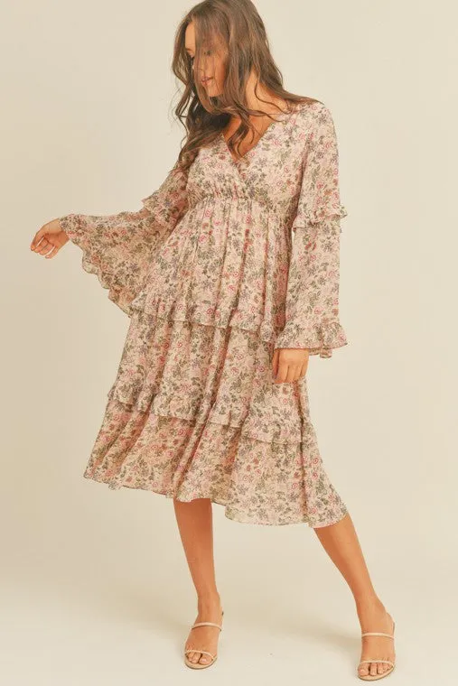 Floral Print Midi Dress Long Sleeve Flare Boho Ruffle Day Dress