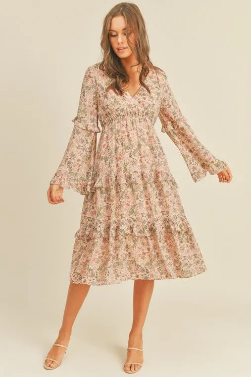 Floral Print Midi Dress Long Sleeve Flare Boho Ruffle Day Dress