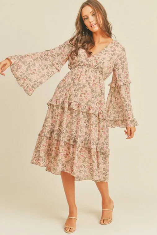 Floral Print Midi Dress Long Sleeve Flare Boho Ruffle Day Dress