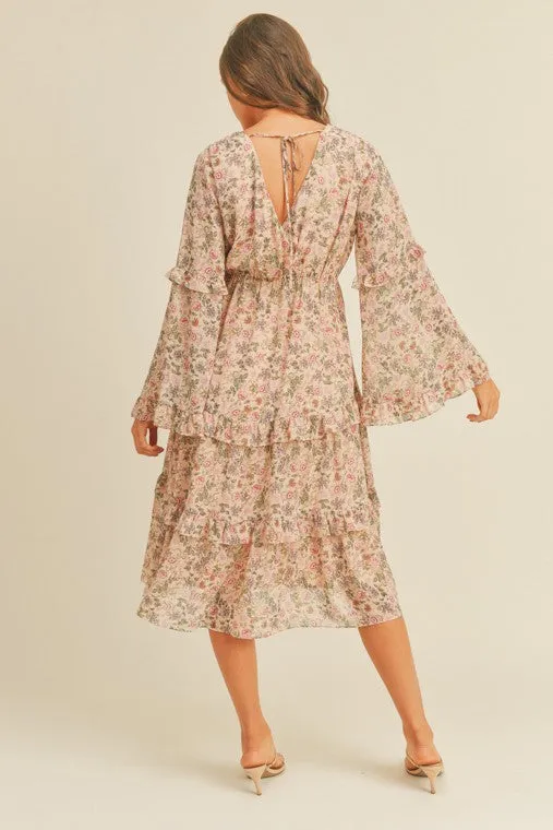 Floral Print Midi Dress Long Sleeve Flare Boho Ruffle Day Dress