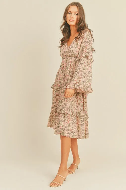 Floral Print Midi Dress Long Sleeve Flare Boho Ruffle Day Dress